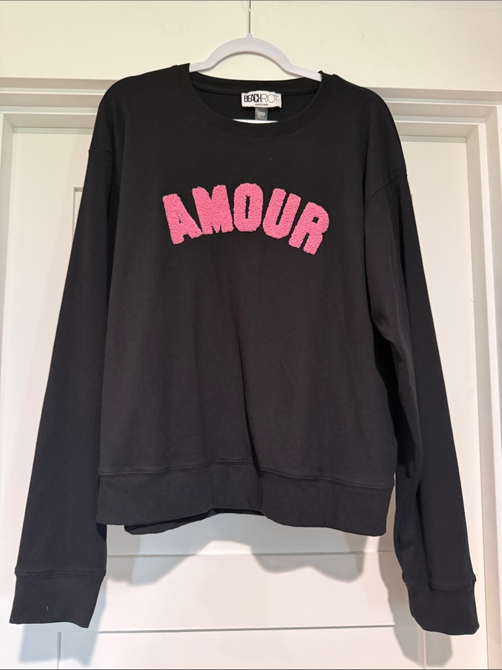NWOT Beach Riot Amour Black Sweatshirt with Pink Chenille Logo